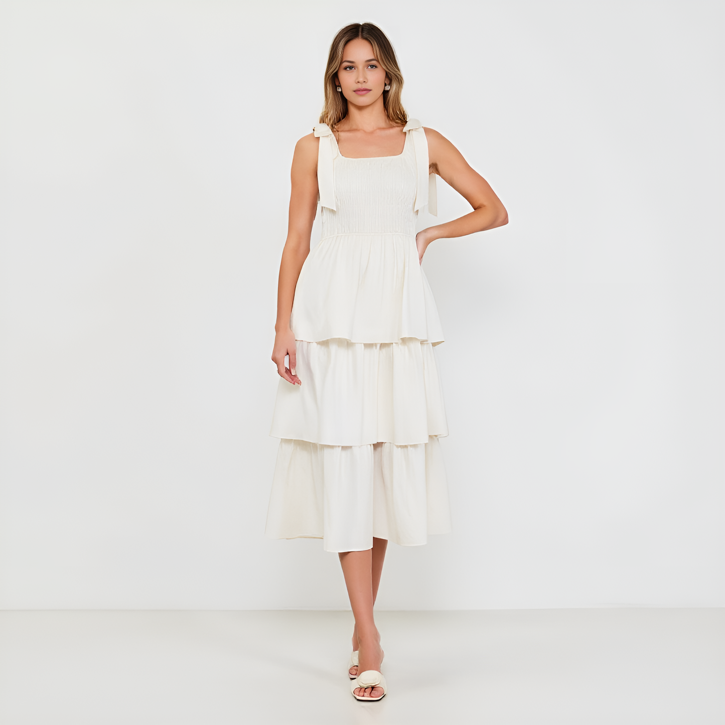 Tiered Smocked Midi Dress with Bow-Tie Shoulder Straps