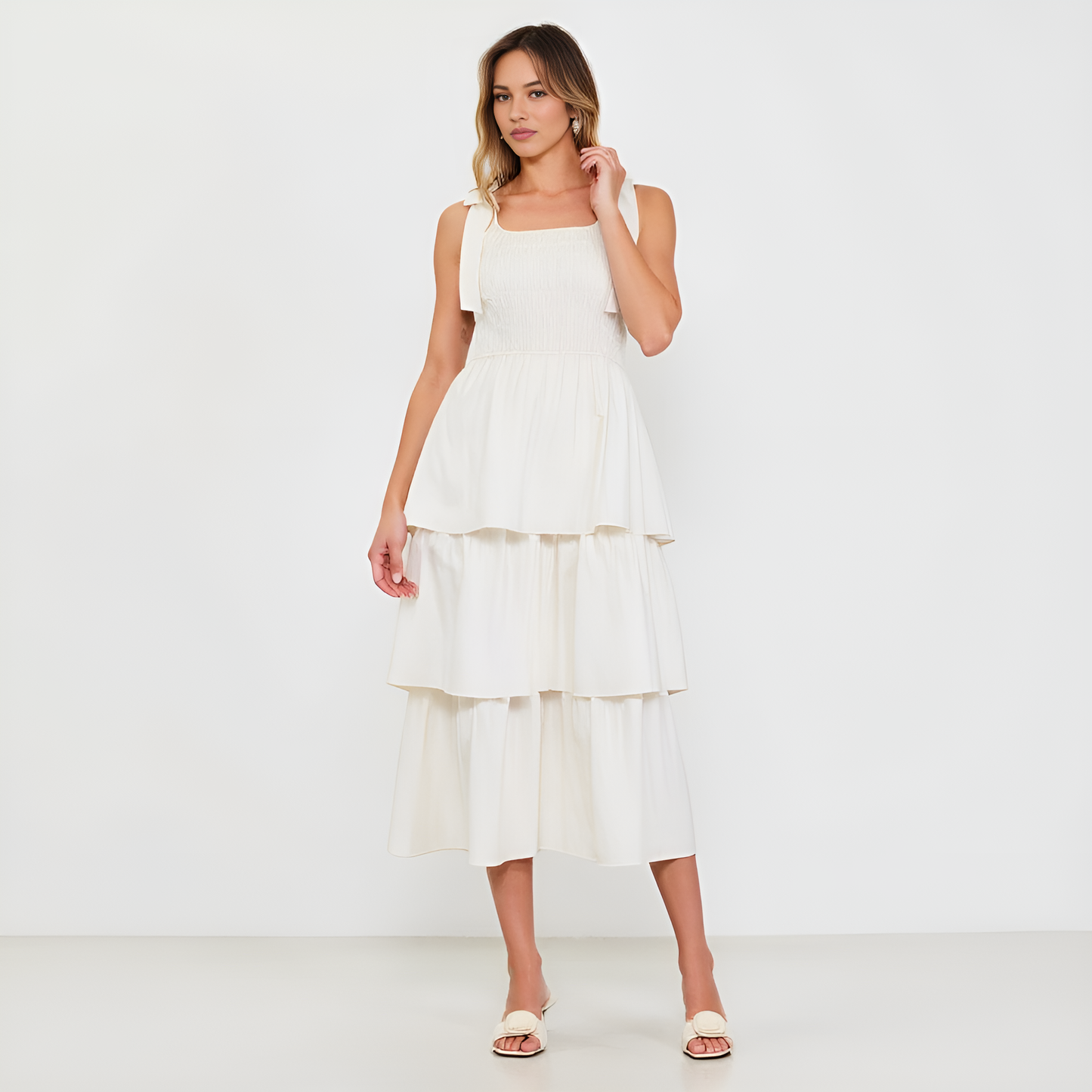 Tiered Smocked Midi Dress with Bow-Tie Shoulder Straps