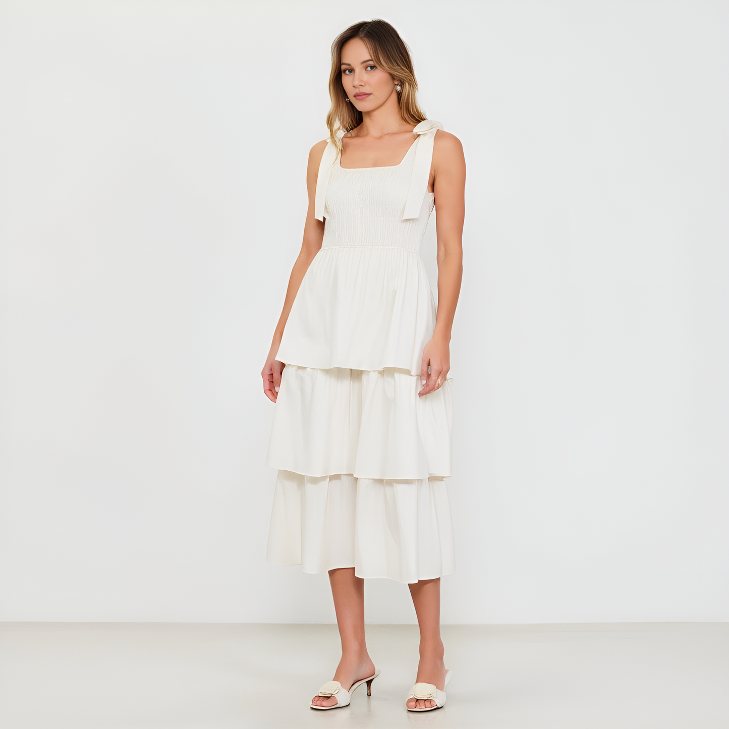 Tiered Smocked Midi Dress with Bow-Tie Shoulder Straps