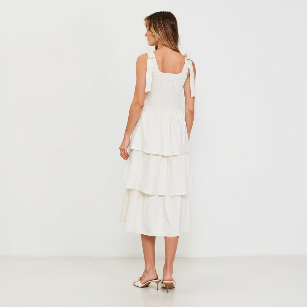 Tiered Smocked Midi Dress with Bow-Tie Shoulder Straps