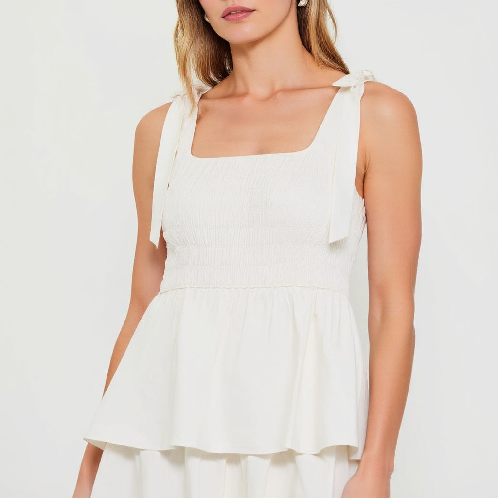 Tiered Smocked Midi Dress with Bow-Tie Shoulder Straps
