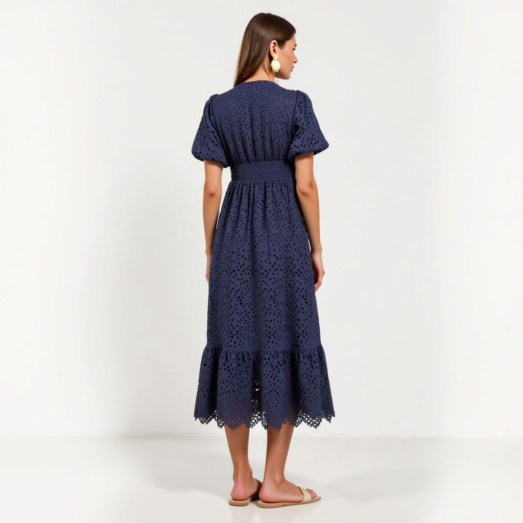 Puff-Sleeve Eyelet Midi Dress with Smocked Waist and Scalloped Hem