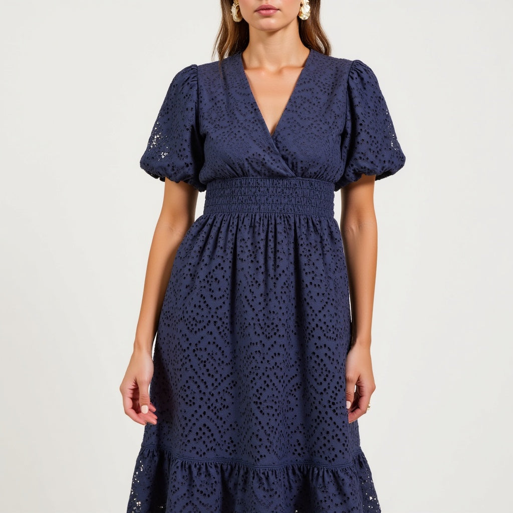Puff-Sleeve Eyelet Midi Dress with Smocked Waist and Scalloped Hem