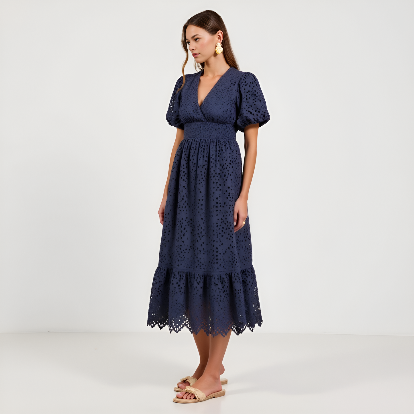 Puff-Sleeve Eyelet Midi Dress with Smocked Waist and Scalloped Hem