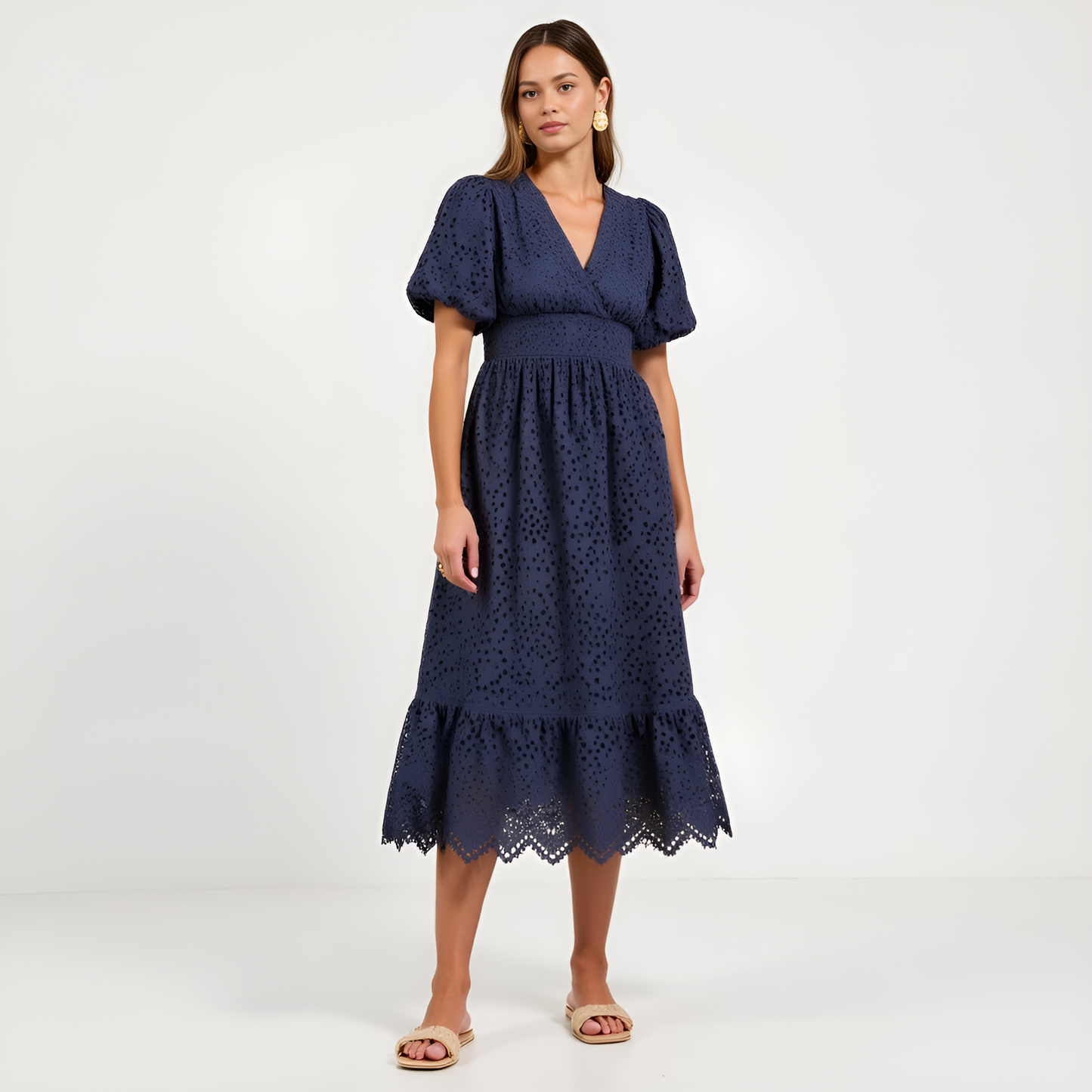 Puff-Sleeve Eyelet Midi Dress with Smocked Waist and Scalloped Hem