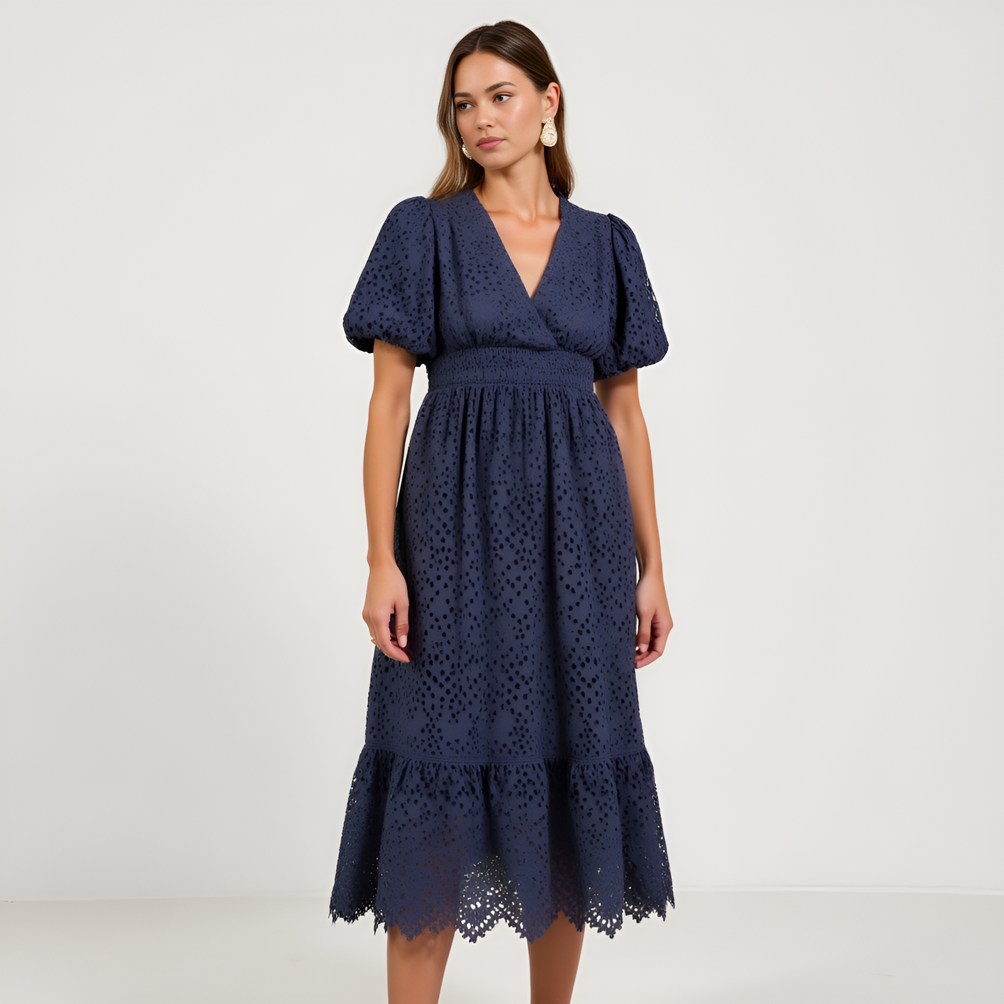 Puff-Sleeve Eyelet Midi Dress with Smocked Waist and Scalloped Hem