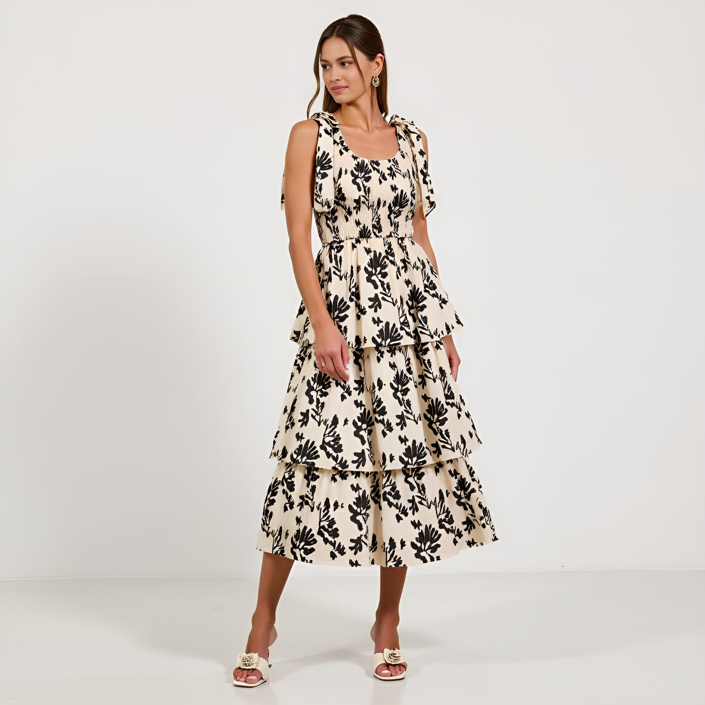 Smocked Tiered Midi Dress with Bow-Tie Straps and Floral Print