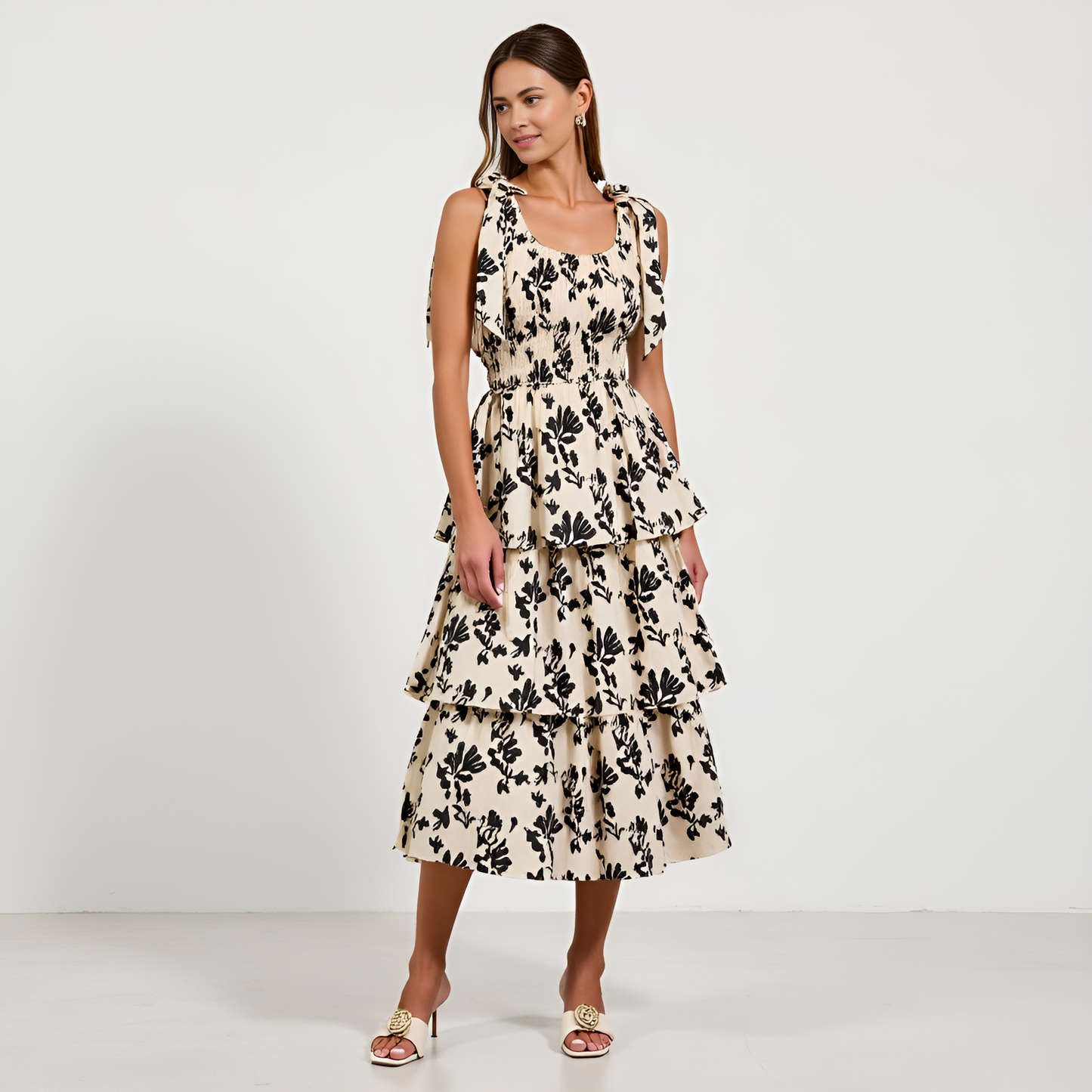 Smocked Tiered Midi Dress with Bow-Tie Straps and Floral Print