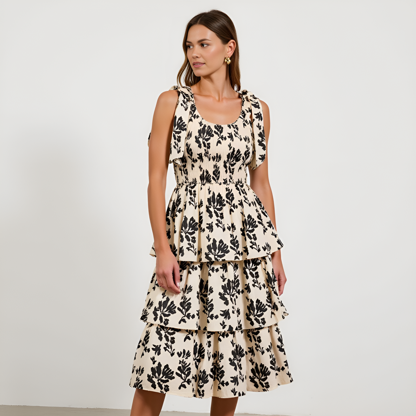 Smocked Tiered Midi Dress with Bow-Tie Straps and Floral Print