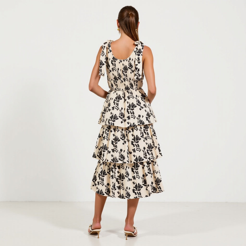 Smocked Tiered Midi Dress with Bow-Tie Straps and Floral Print