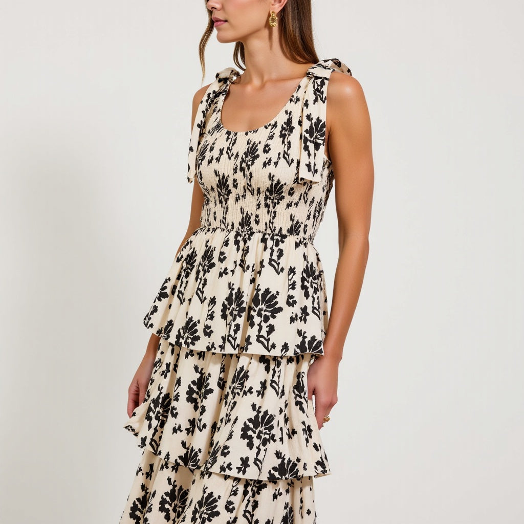 Smocked Tiered Midi Dress with Bow-Tie Straps and Floral Print