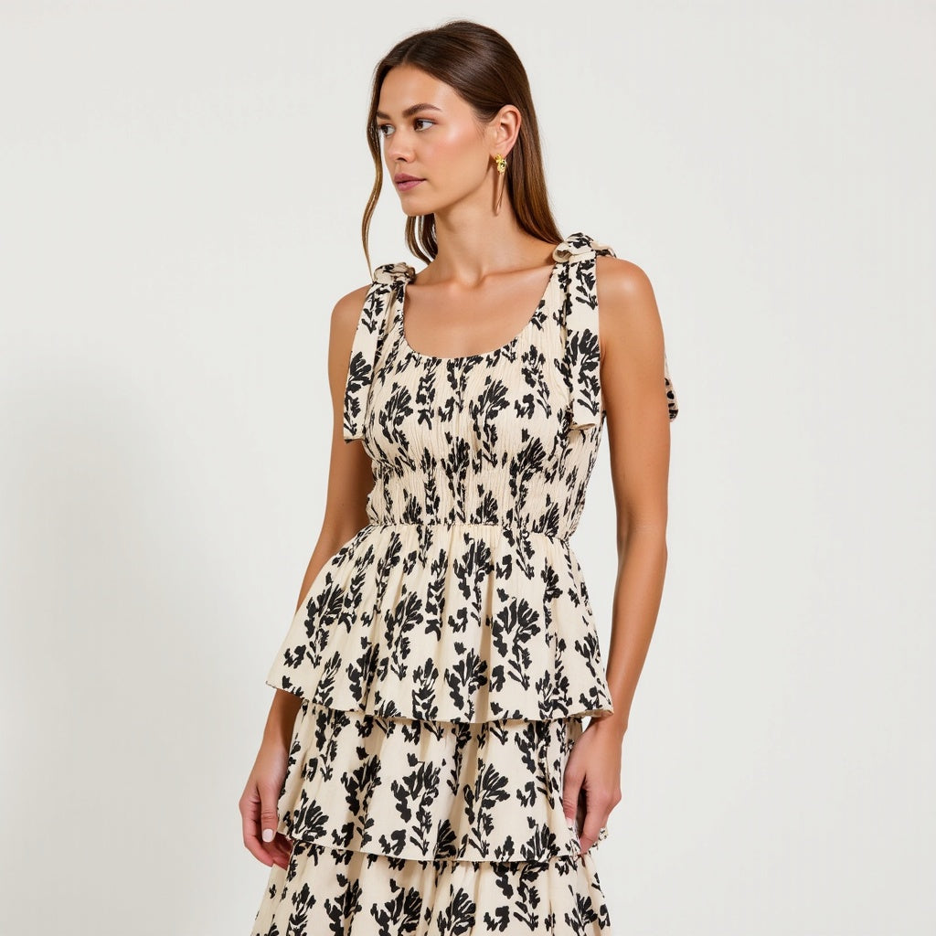 Smocked Tiered Midi Dress with Bow-Tie Straps and Floral Print