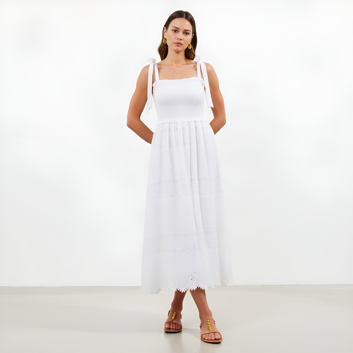 Smocked Lace Eyelet Maxi Dress with Bow-Tie Straps and Scalloped Hem