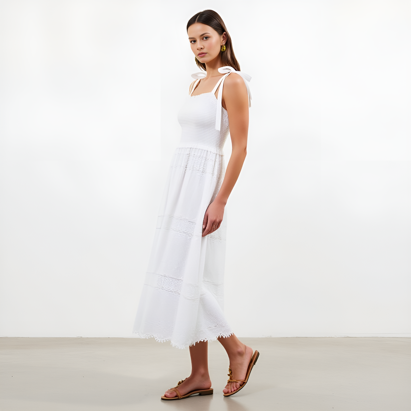 Smocked Lace Eyelet Maxi Dress with Bow-Tie Straps and Scalloped Hem