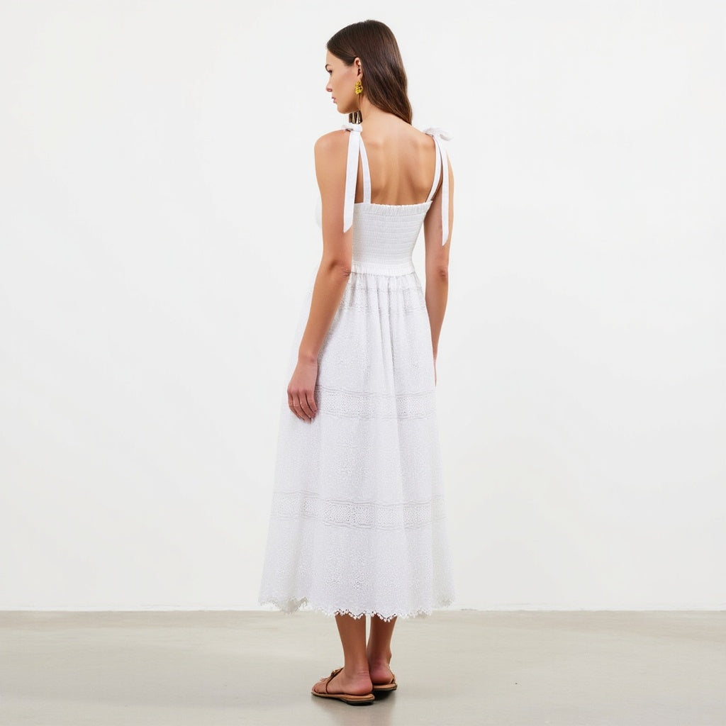 Smocked Lace Eyelet Maxi Dress with Bow-Tie Straps and Scalloped Hem