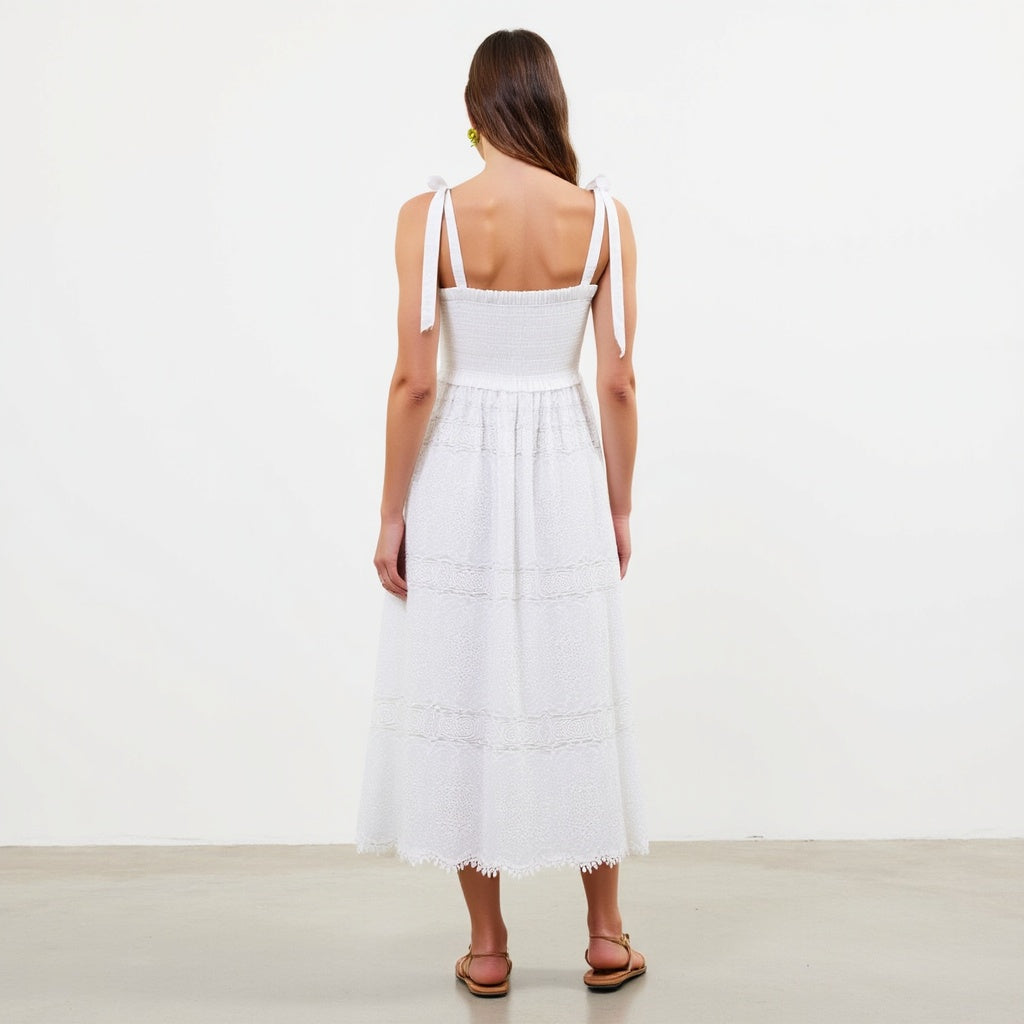 Smocked Lace Eyelet Maxi Dress with Bow-Tie Straps and Scalloped Hem