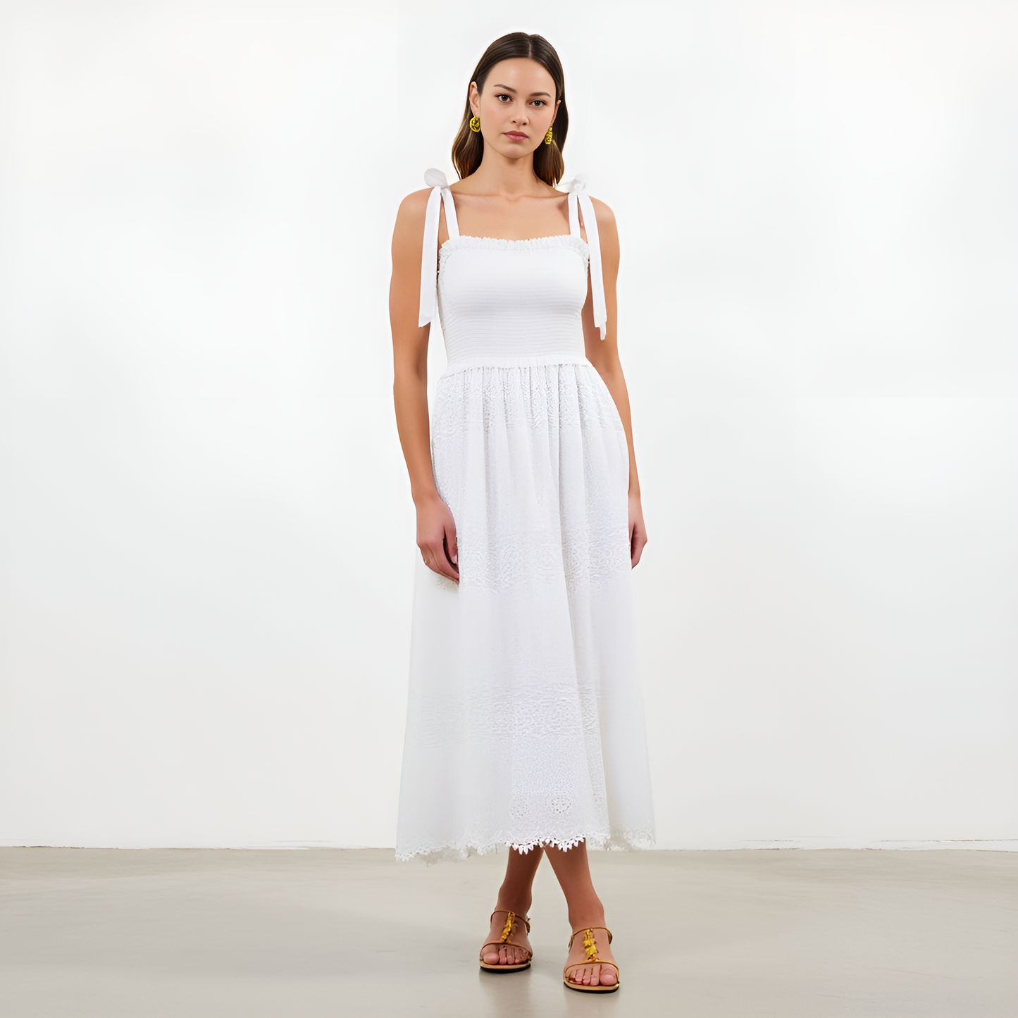 Smocked Lace Eyelet Maxi Dress with Bow-Tie Straps and Scalloped Hem
