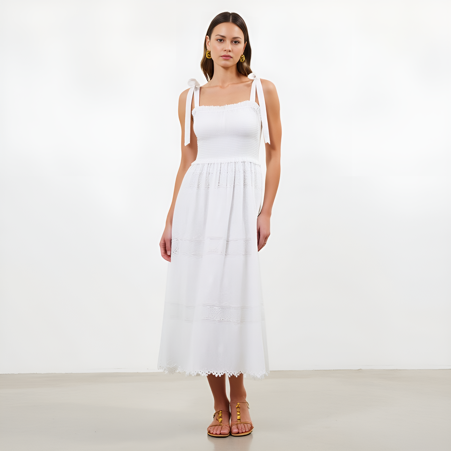 Smocked Lace Eyelet Maxi Dress with Bow-Tie Straps and Scalloped Hem