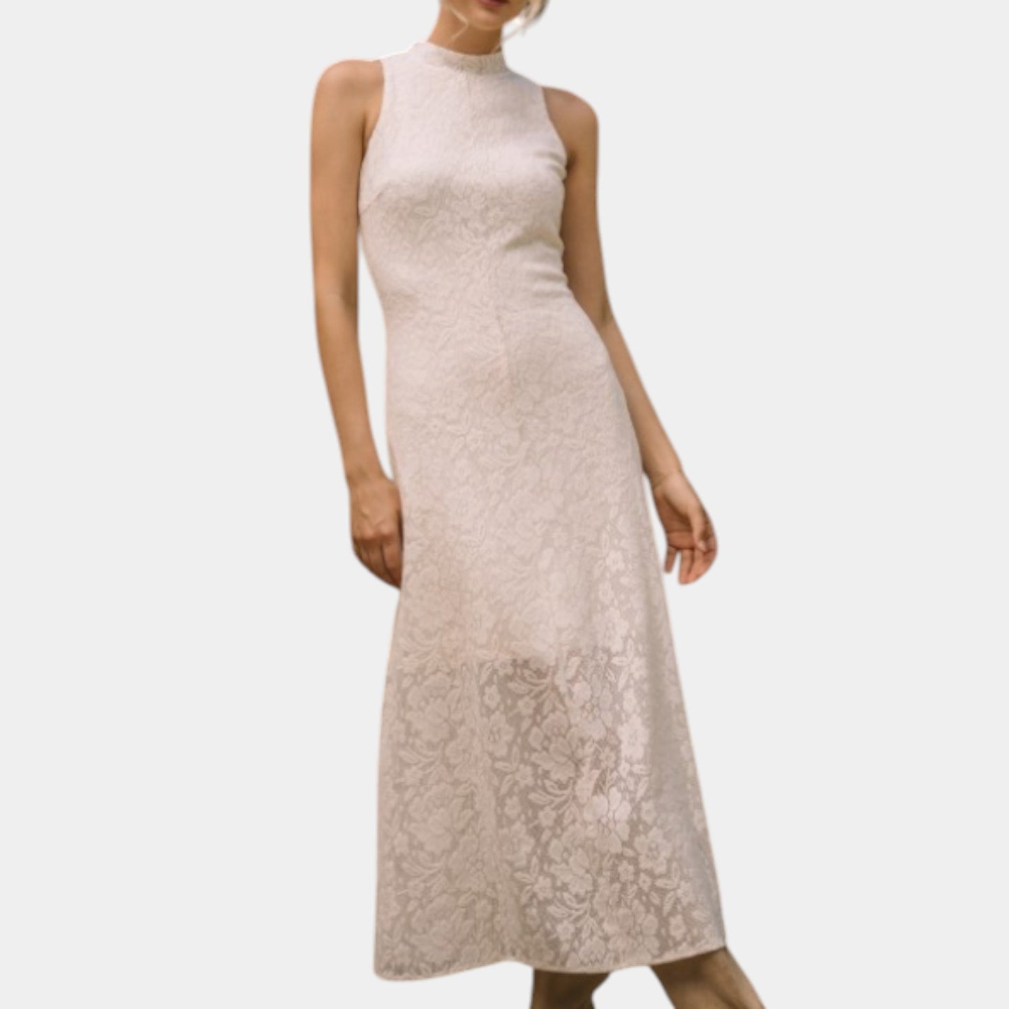 Textured Sleeveless Midi Dress with Mock Neck and Lace Hem Inset