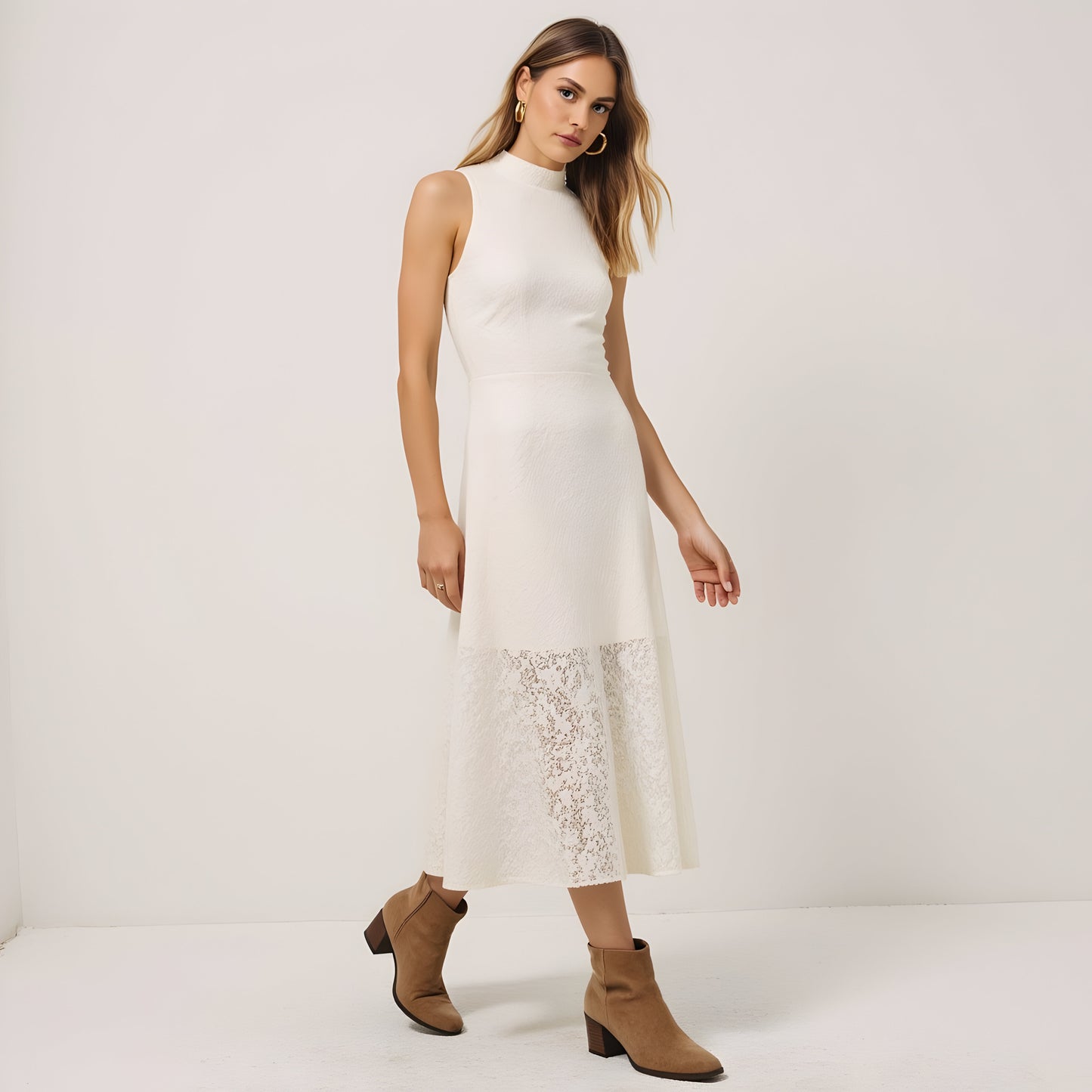 Textured Sleeveless Midi Dress with Mock Neck and Lace Hem Inset