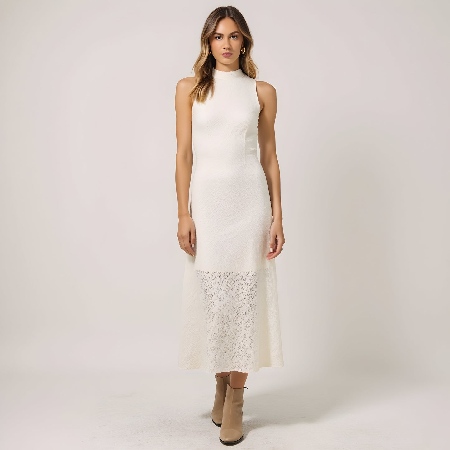 Textured Sleeveless Midi Dress with Mock Neck and Lace Hem Inset