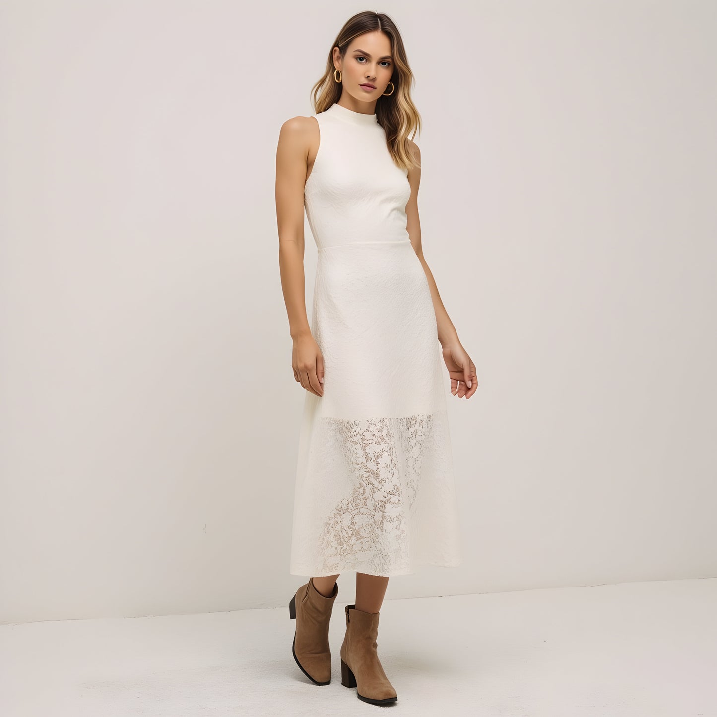 Textured Sleeveless Midi Dress with Mock Neck and Lace Hem Inset