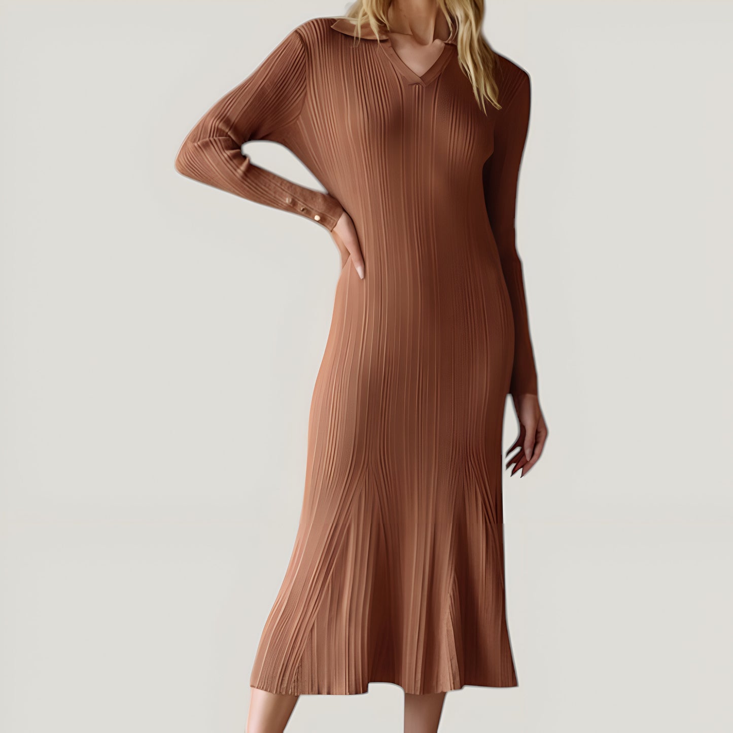 Ribbed Knit Long Sleeve Midi Dress with Pleats and Collared V-Neck