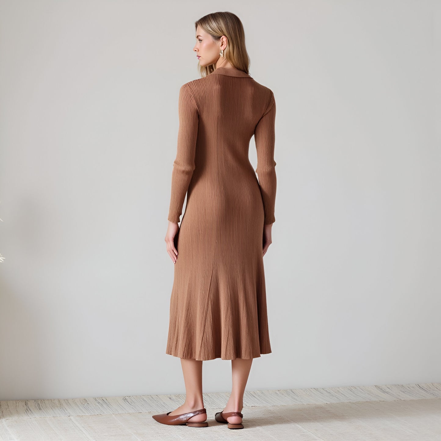 Ribbed Knit Long Sleeve Midi Dress with Pleats and Collared V-Neck