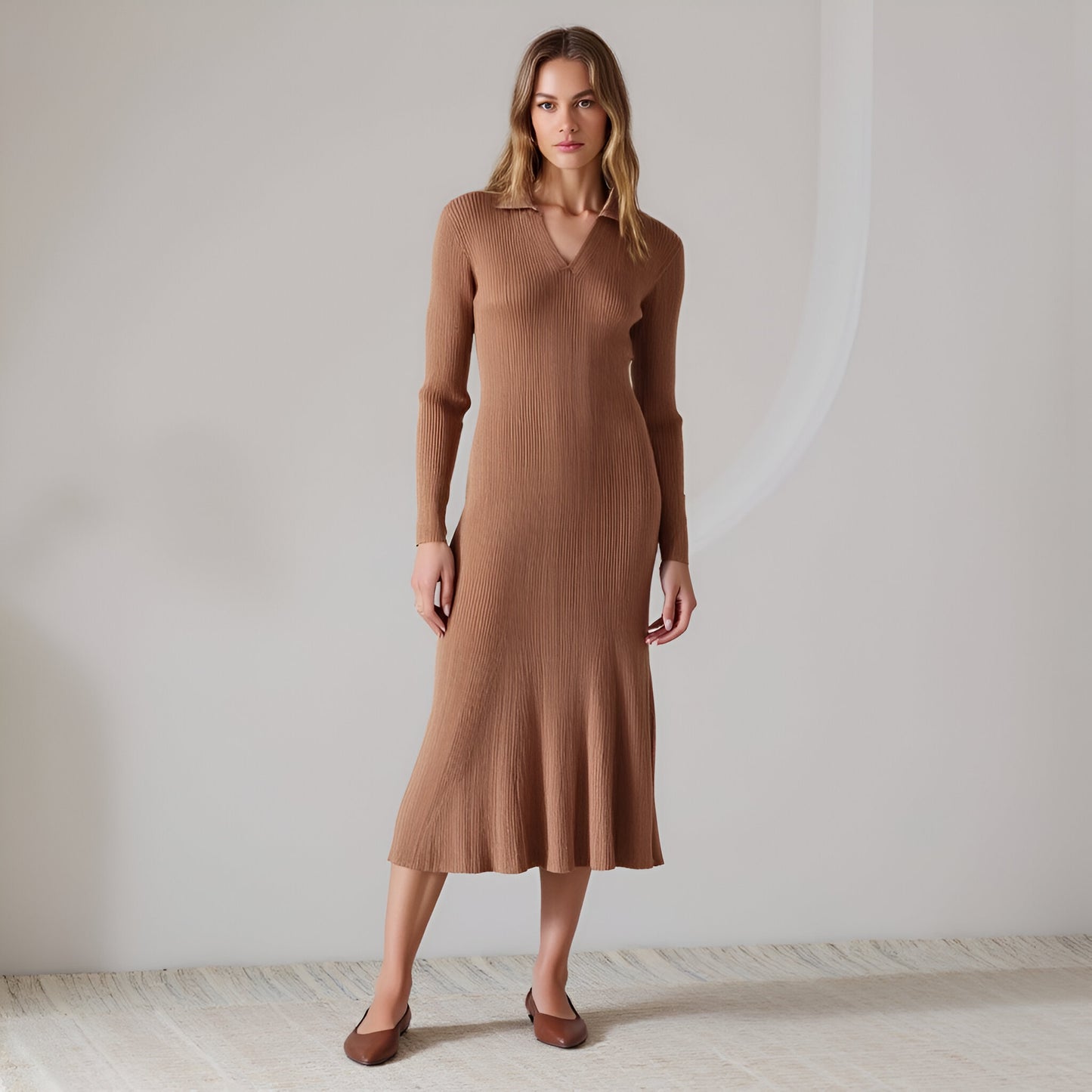 Ribbed Knit Long Sleeve Midi Dress with Pleats and Collared V-Neck