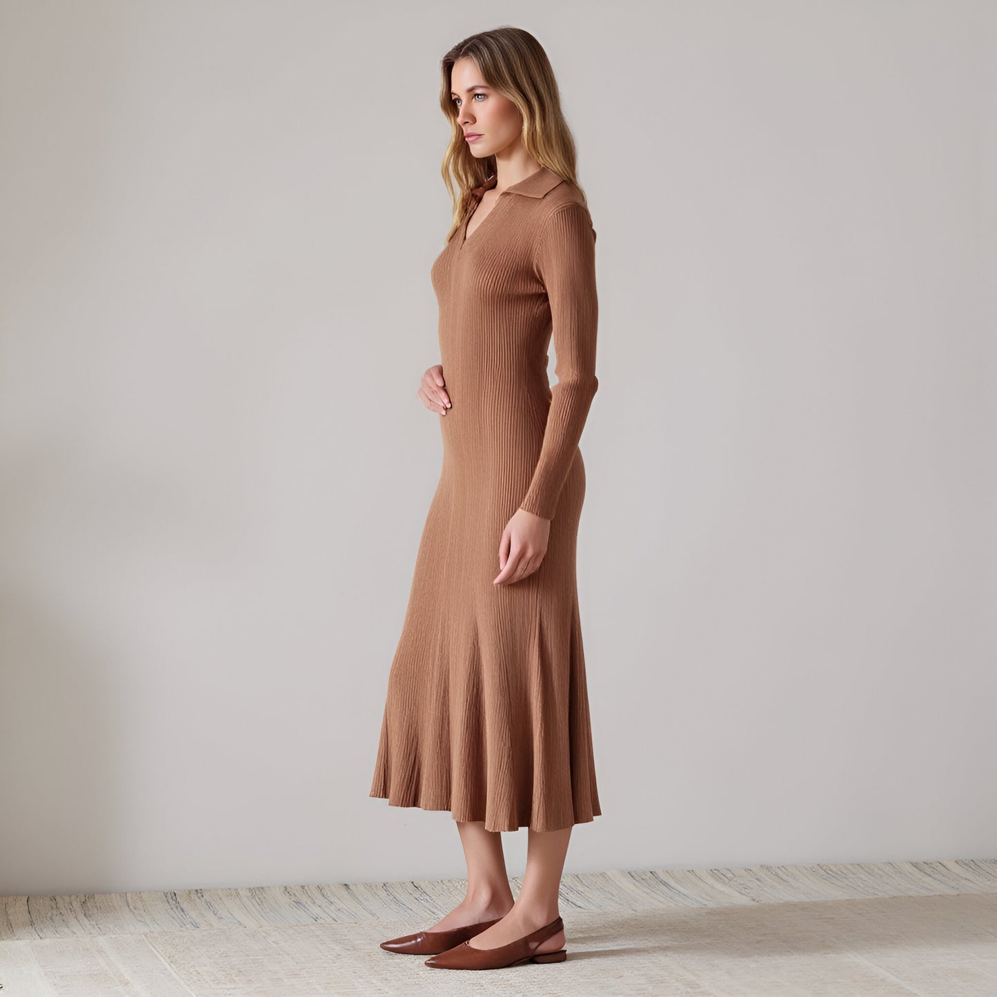 Ribbed Knit Long Sleeve Midi Dress with Pleats and Collared V-Neck
