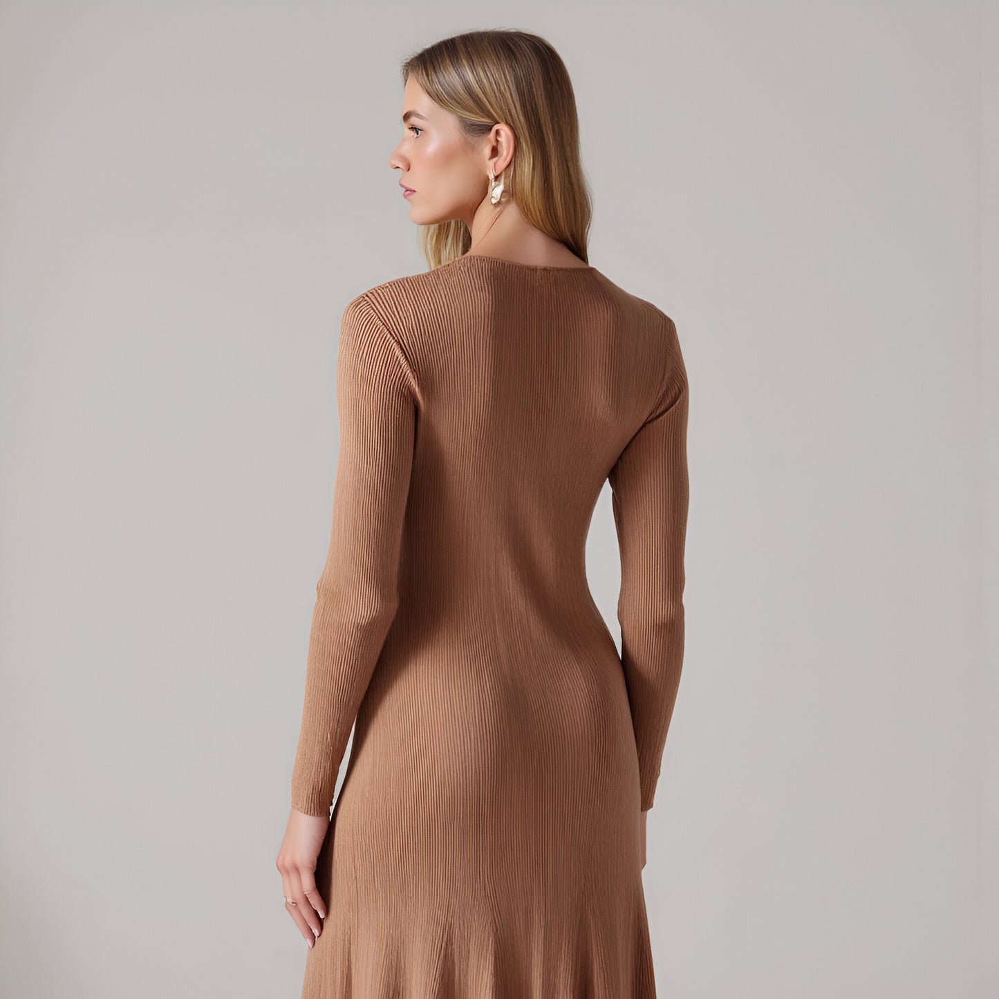 Ribbed Knit Long Sleeve Midi Dress with Pleats and Collared V-Neck