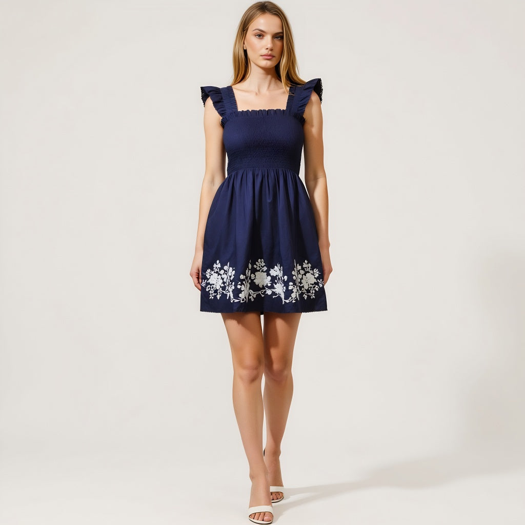 Smocked Ruffle Strap Mini Dress with Floral Embroidery Hem