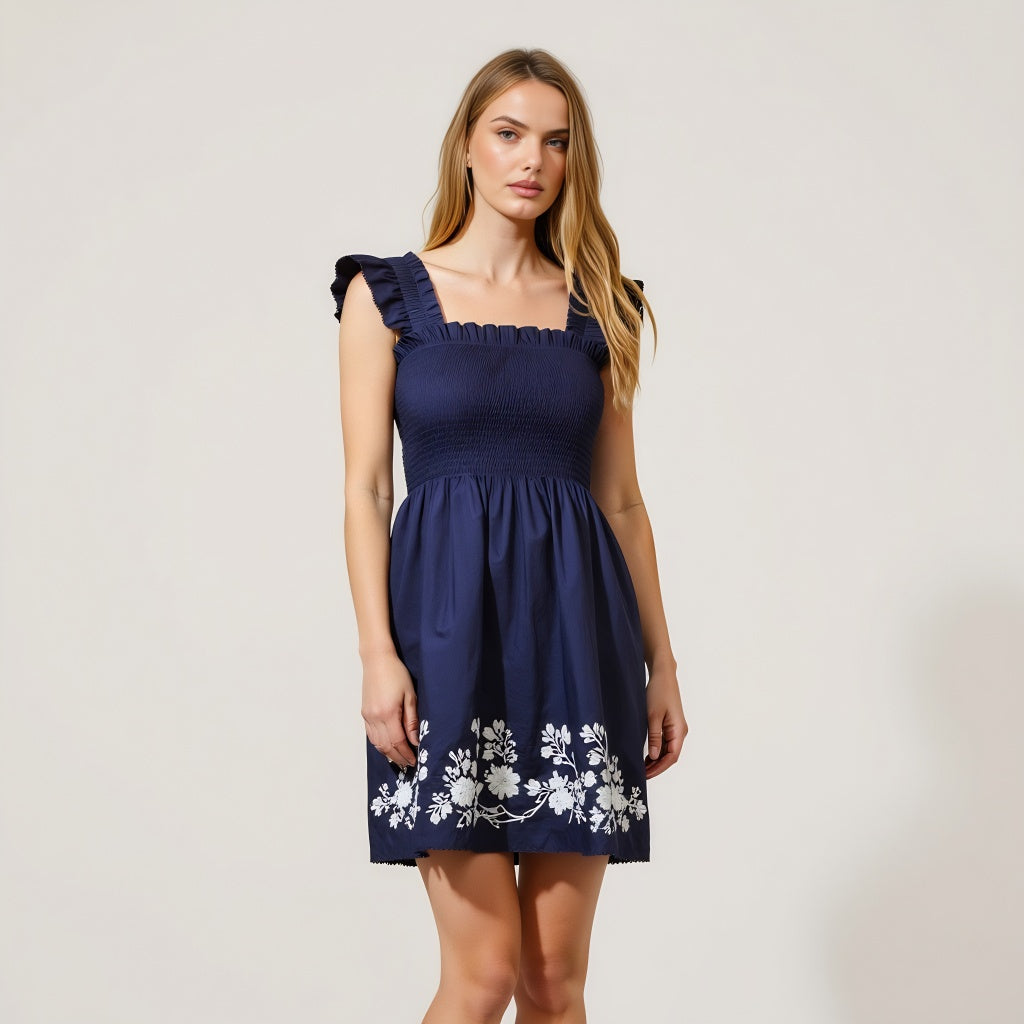 Smocked Ruffle Strap Mini Dress with Floral Embroidery Hem