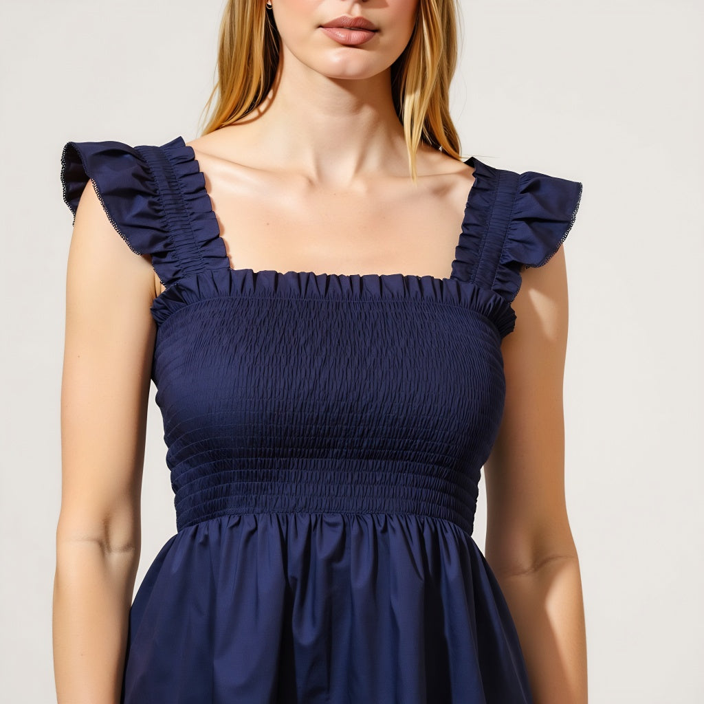 Smocked Ruffle Strap Mini Dress with Floral Embroidery Hem