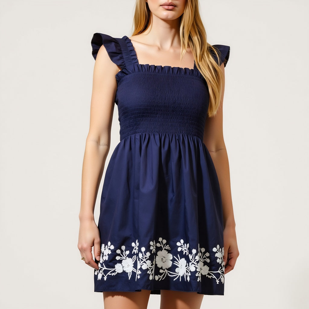 Smocked Ruffle Strap Mini Dress with Floral Embroidery Hem