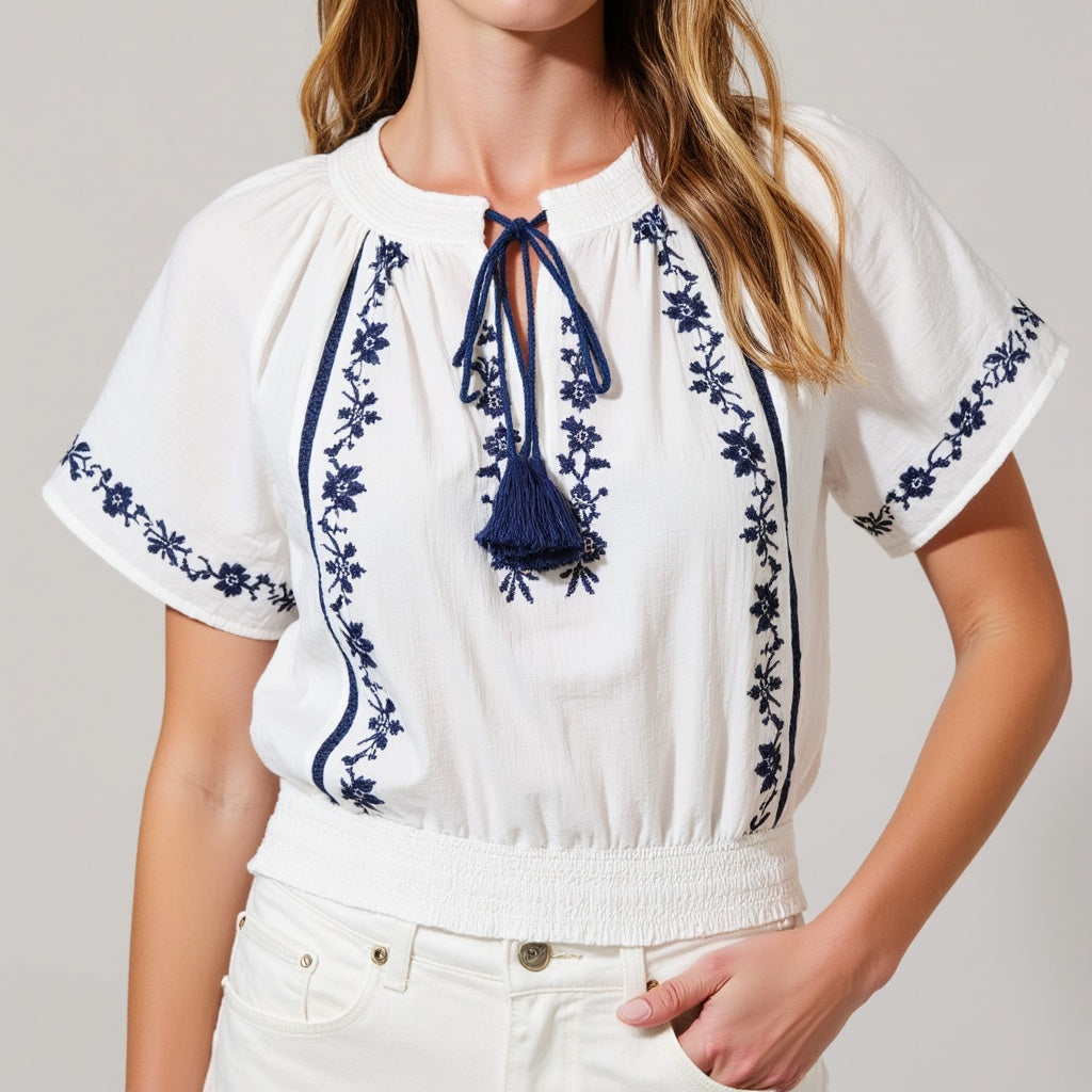 Short-Sleeve Embroidered Peasant Blouse with Tassel Tie Neck