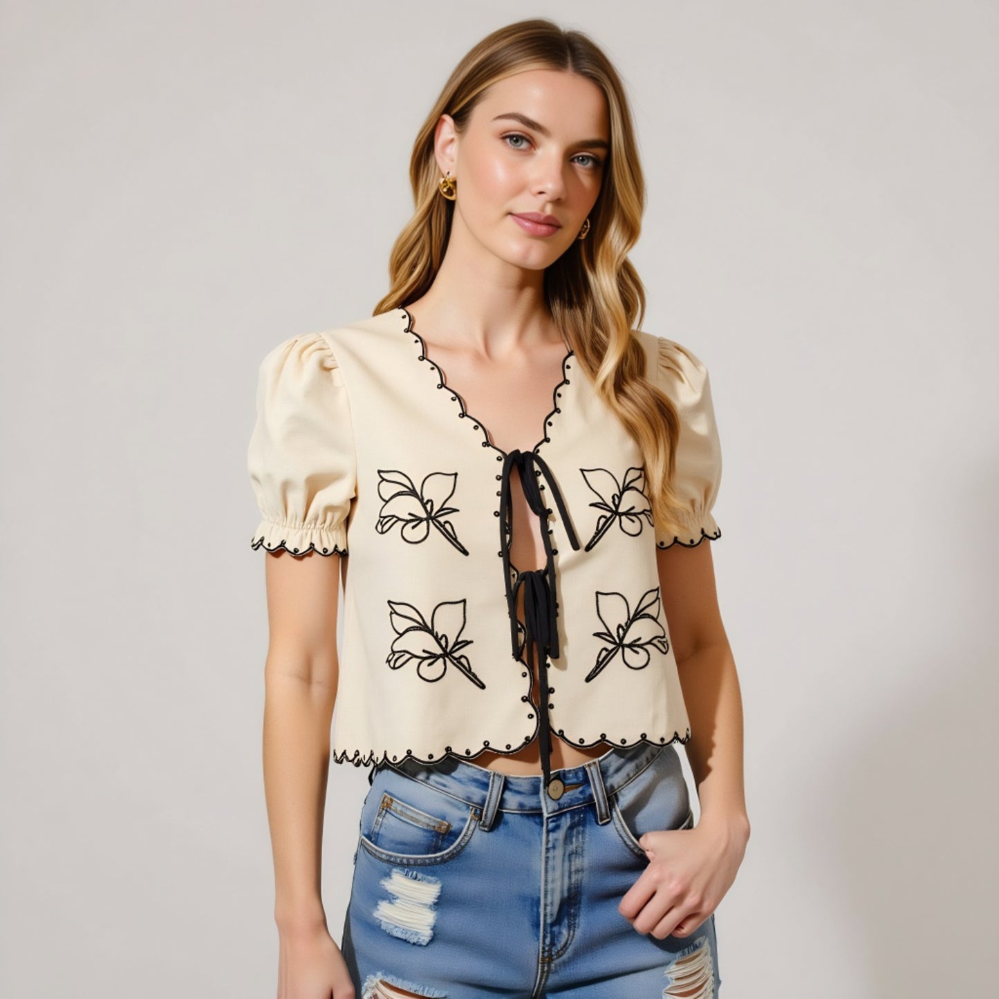 Puff Sleeve Tie-Front Blouse with Floral Embroidery and Eyelet Trim