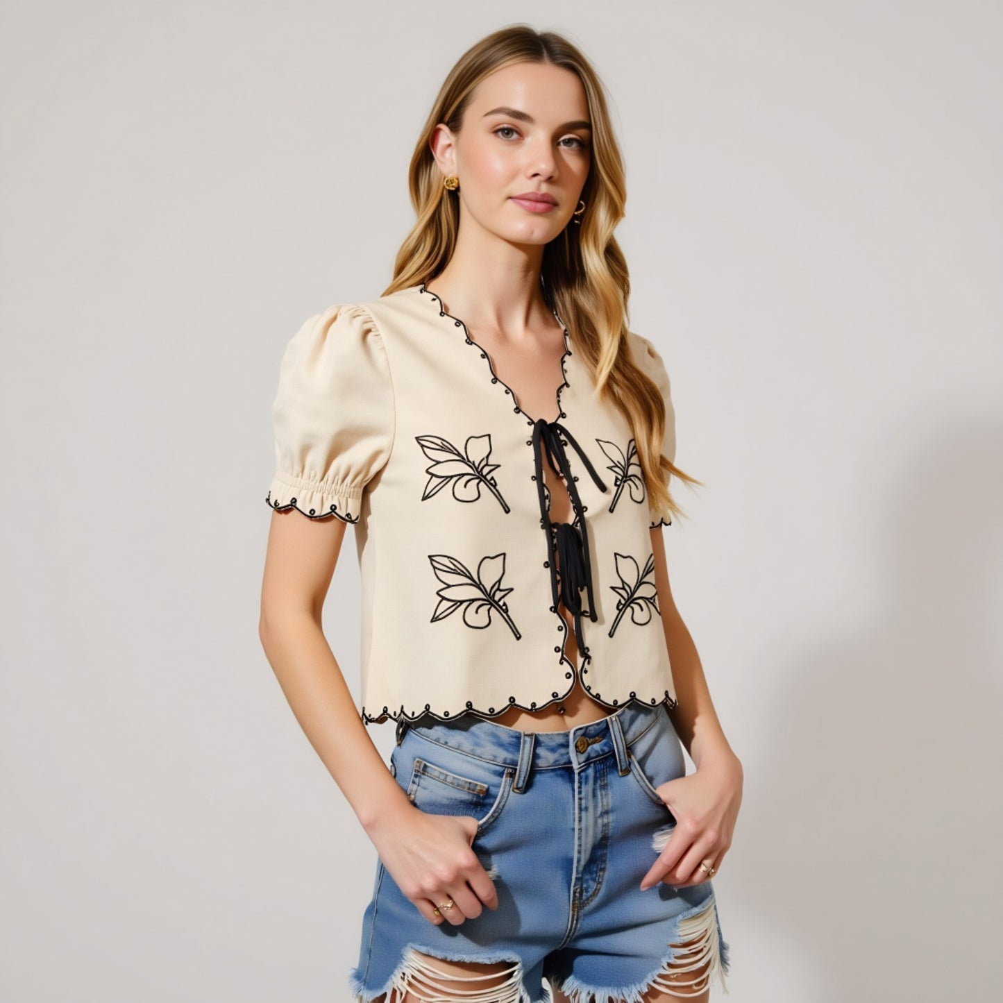 Puff Sleeve Tie-Front Blouse with Floral Embroidery and Eyelet Trim
