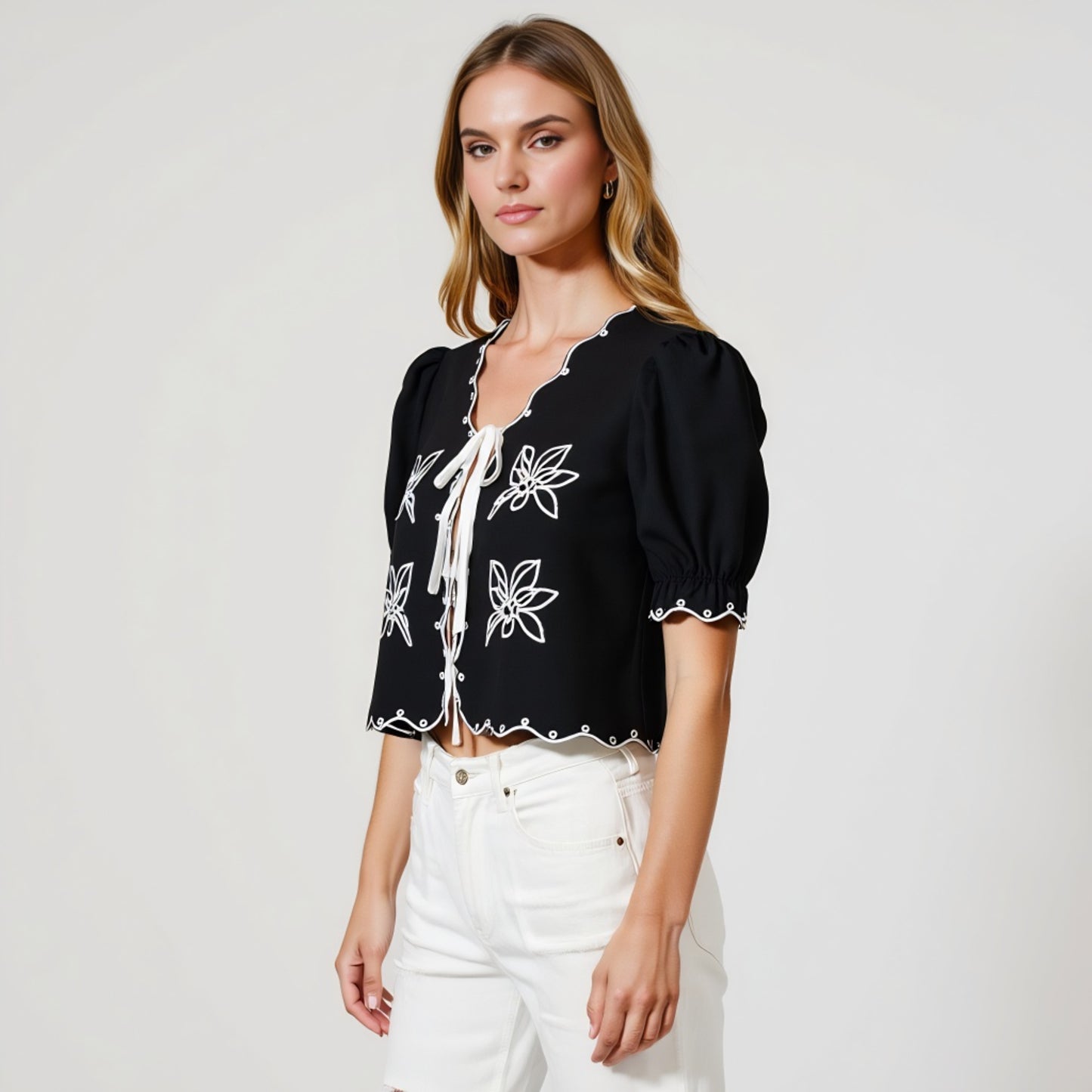 Puff Sleeve Tie-Front Blouse with Floral Embroidery and Eyelet Trim