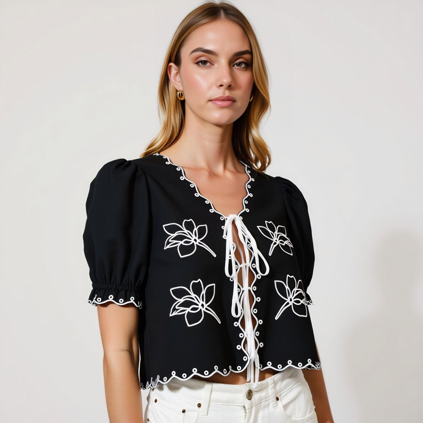 Puff Sleeve Tie-Front Blouse with Floral Embroidery and Eyelet Trim