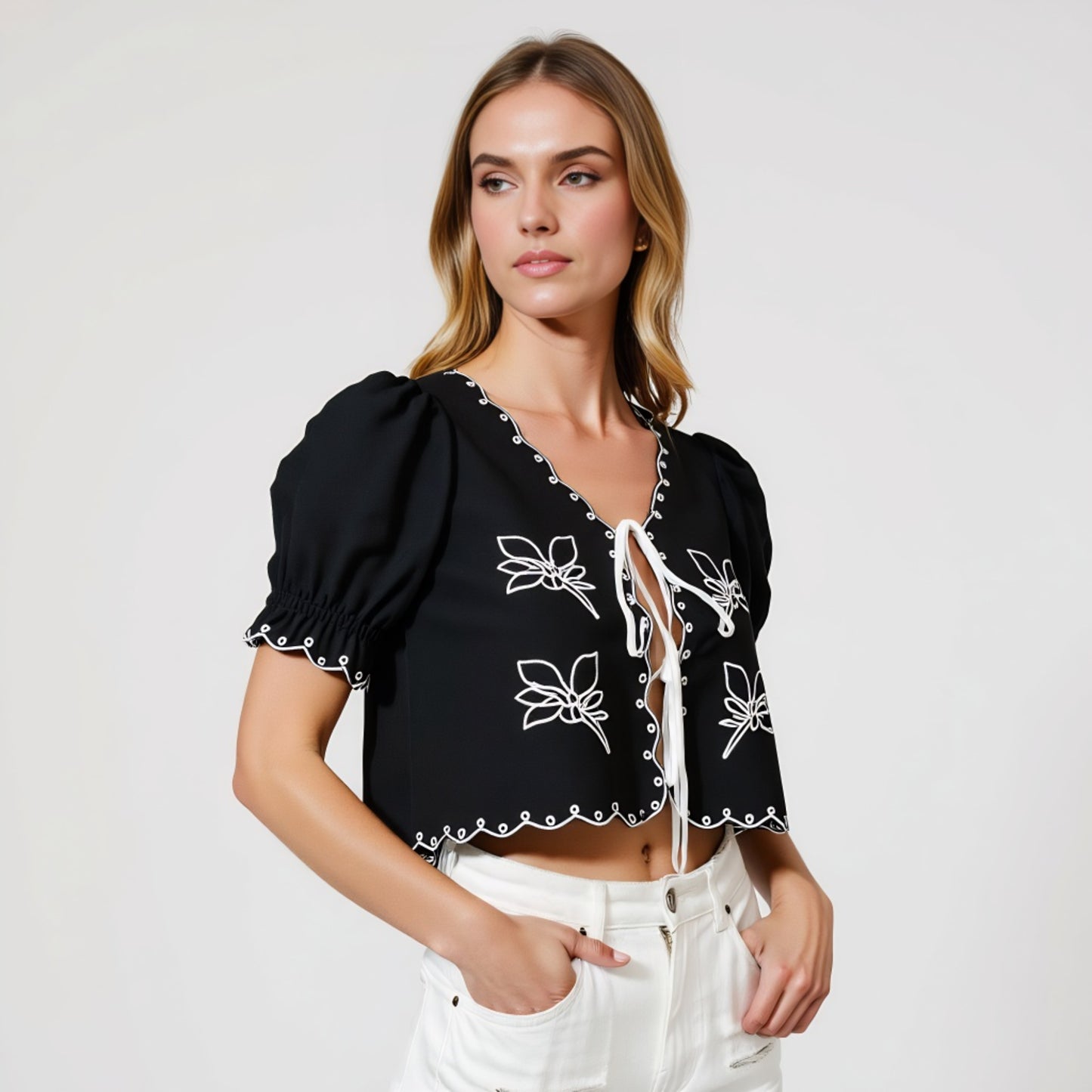 Puff Sleeve Tie-Front Blouse with Floral Embroidery and Eyelet Trim