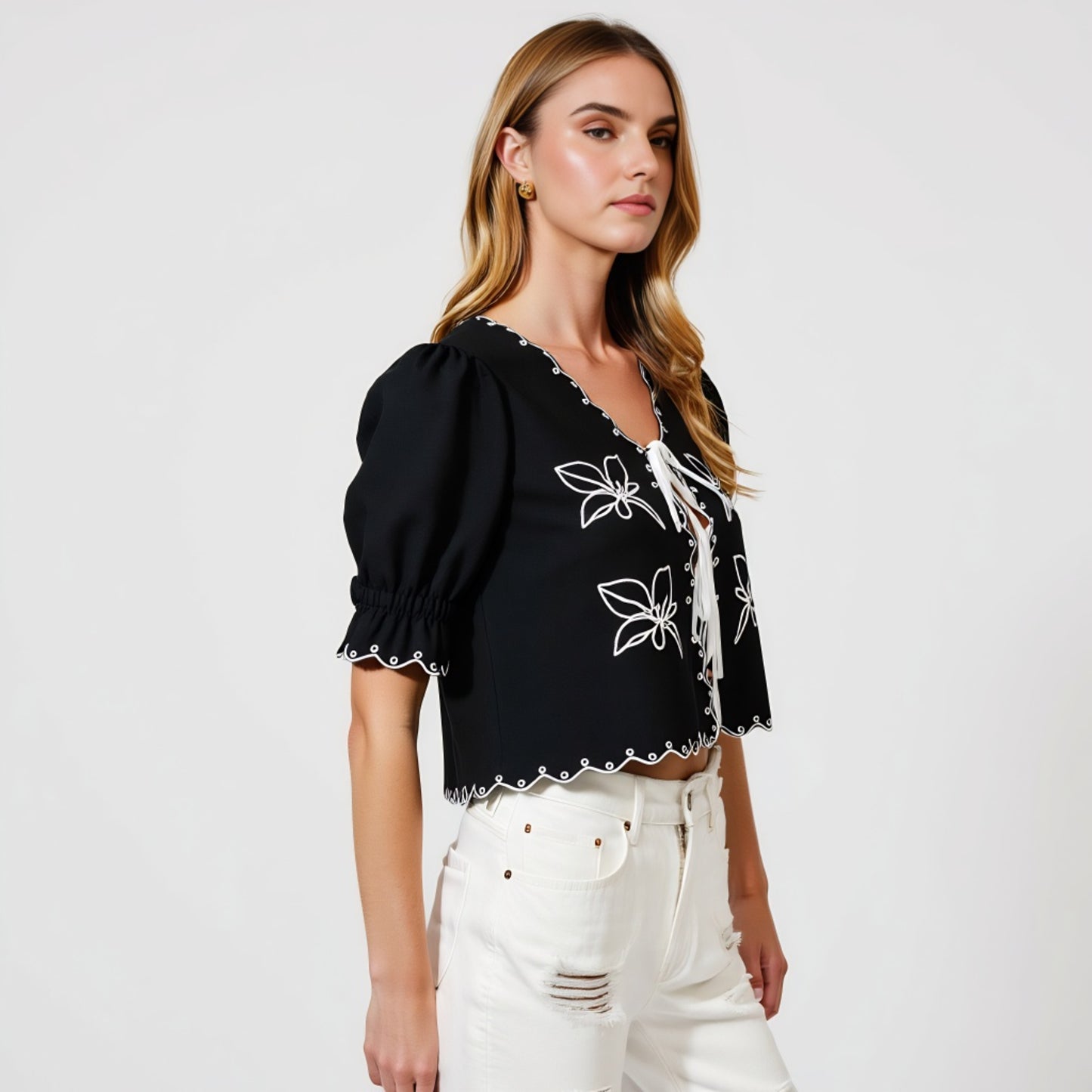 Puff Sleeve Tie-Front Blouse with Floral Embroidery and Eyelet Trim