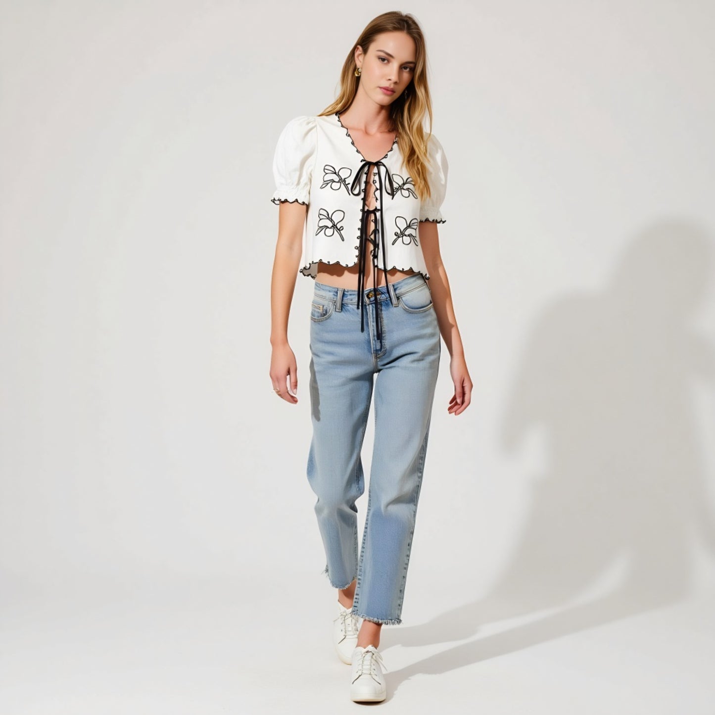 Puff Sleeve Tie-Front Blouse with Floral Embroidery and Eyelet Trim