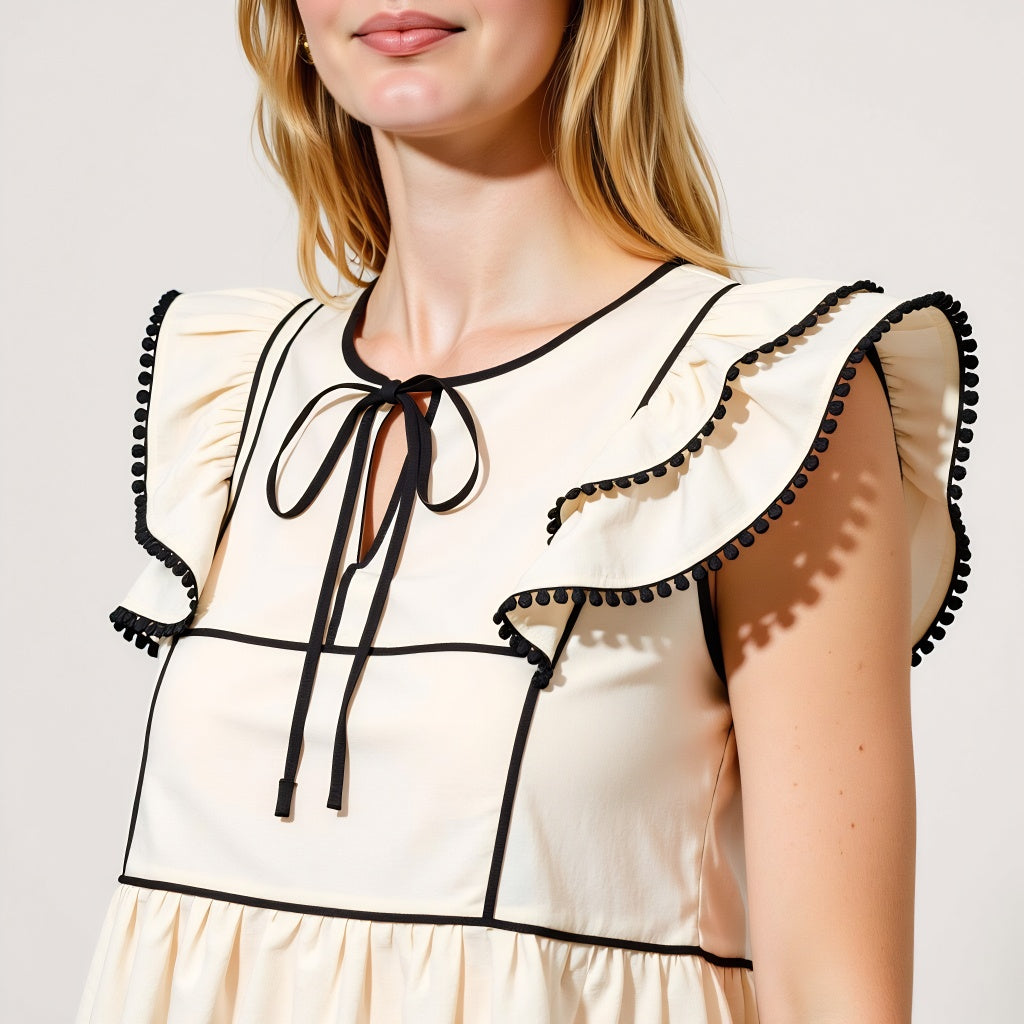 Ruffle Sleeve Peplum Top with Contrast Trim and Front Tie