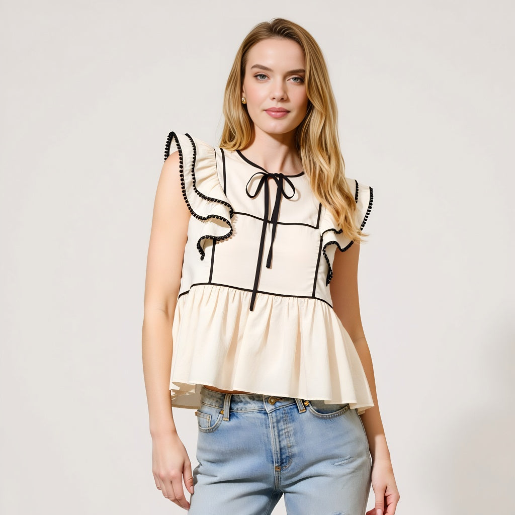 Ruffle Sleeve Peplum Top with Contrast Trim and Front Tie