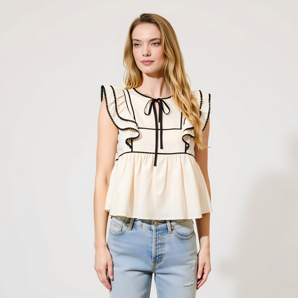 Ruffle Sleeve Peplum Top with Contrast Trim and Front Tie