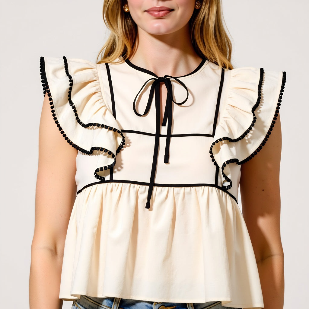 Ruffle Sleeve Peplum Top with Contrast Trim and Front Tie