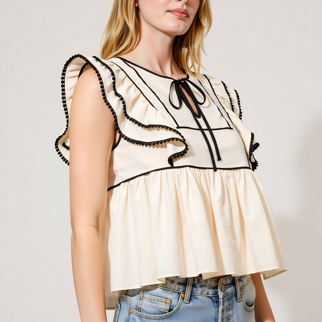 Ruffle Sleeve Peplum Top with Contrast Trim and Front Tie