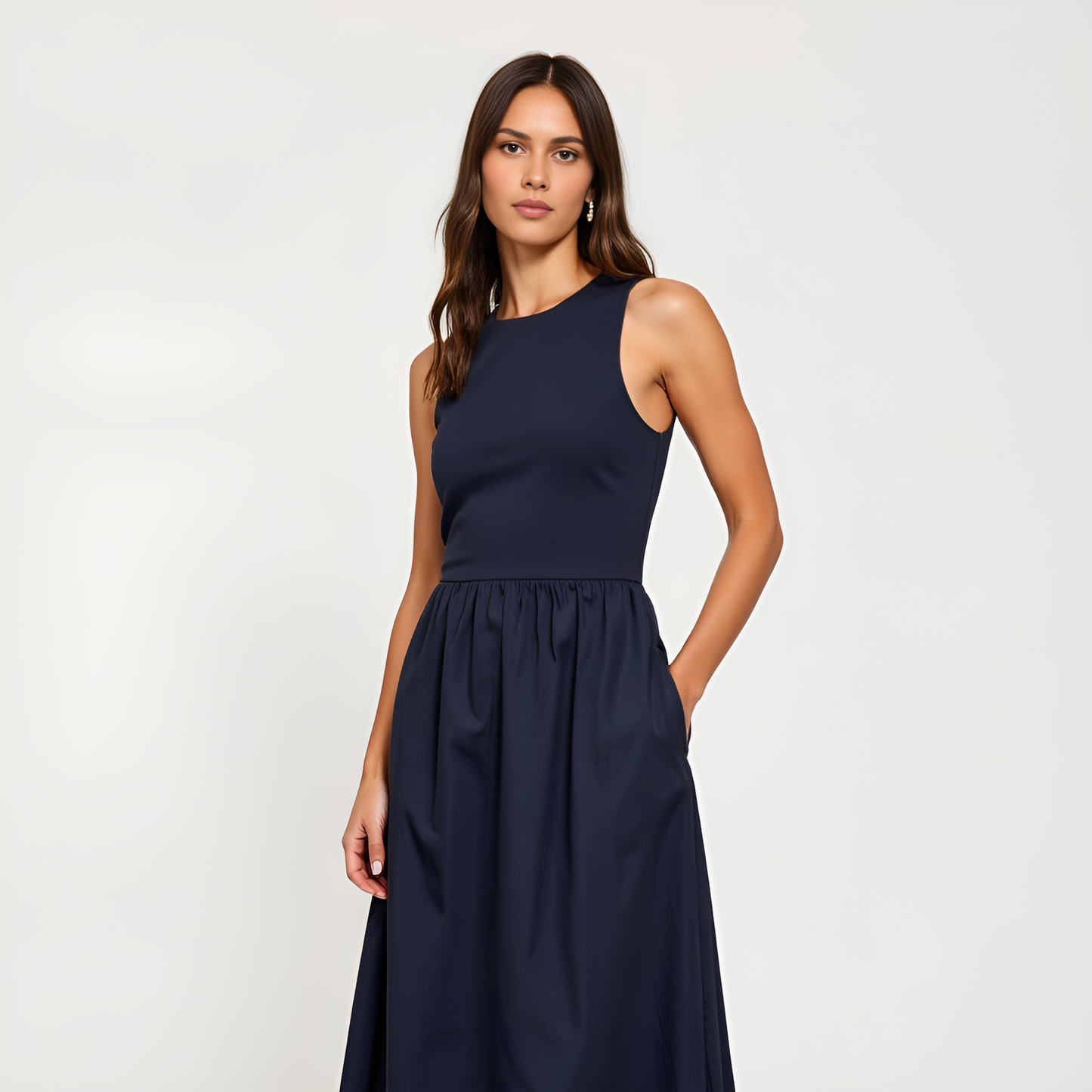 Sleeveless Crewneck Midi Dress with Gathered Waist and Pockets