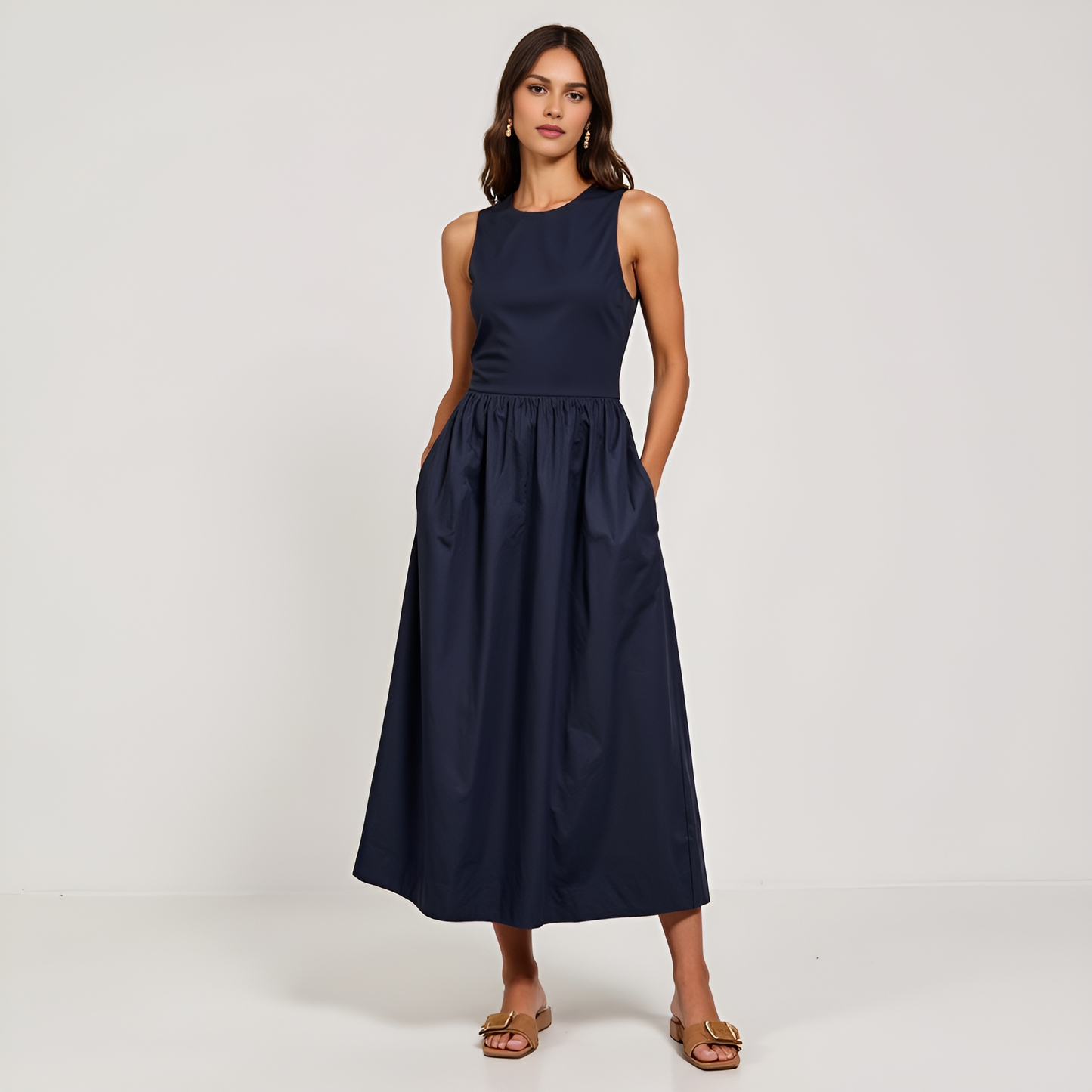 Sleeveless Crewneck Midi Dress with Gathered Waist and Pockets